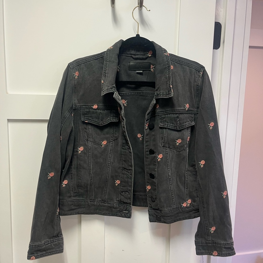 Blank NYC Charcoal Denim Jacket with Pink flower Embroidery